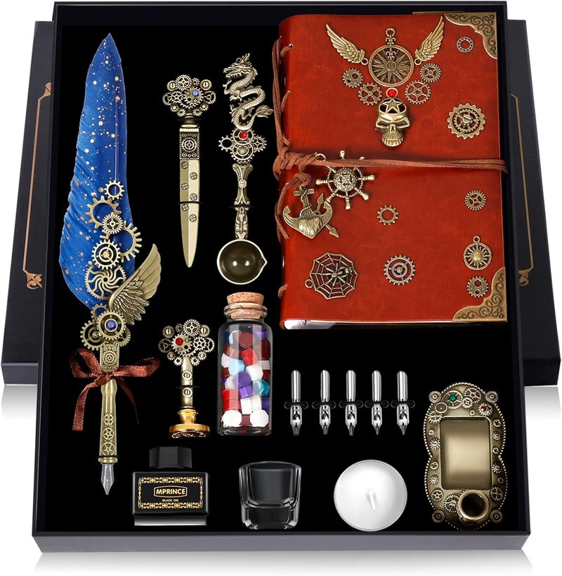Aifeiter Quill Pen Ink Set Leather notebook With Quill Pen,Notebook,5 Replaceable Nibs,Seal Stamp,Spoon,Wax Beads,White Wax,Ink,Pen Holder,Cup,Envelope,Letter Paper,Envelope Tool(blue) - Image 1